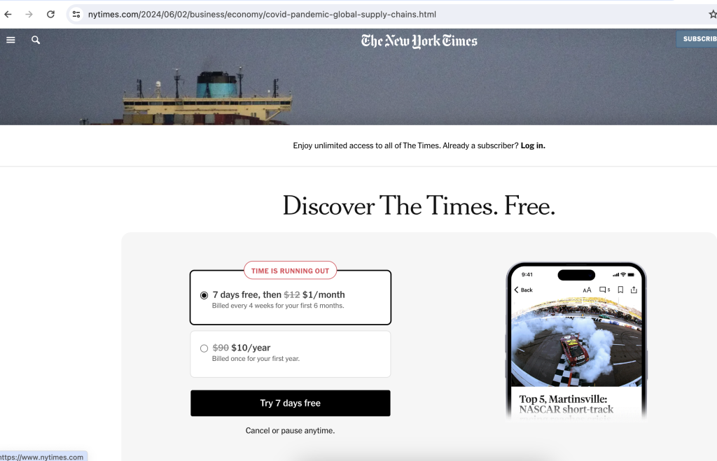Example PayWall on NYT